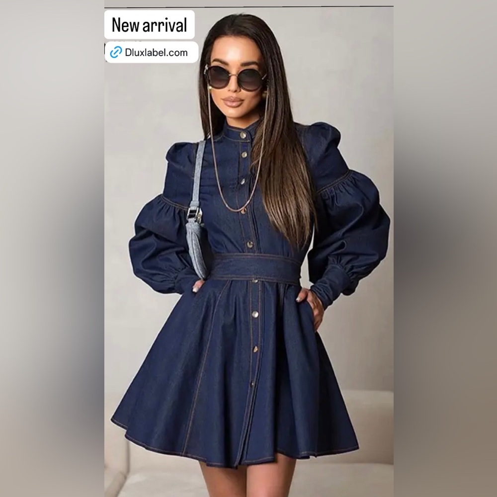 Elegant Navy Blue Puff Sleeve Dress